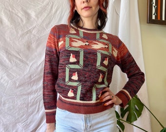 70's Duck Sweater / Acrylic Knit Top / Bird Intarsia Sweater Jumper