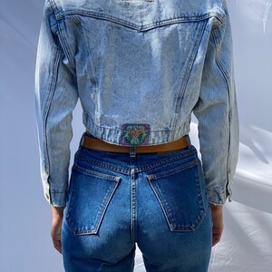 1990's Denim Jacket / Bleached Out Denim / Varsity Jacket / Cropped jean Jacket With Lace / Acid Wash Jean Jacket image 4