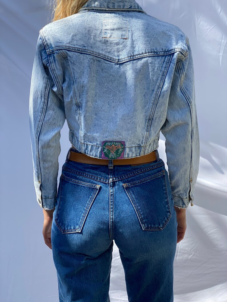 1990's Denim Jacket / Bleached Out Denim / Varsity Jacket / Cropped jean Jacket With Lace / Acid Wash Jean Jacket image 4