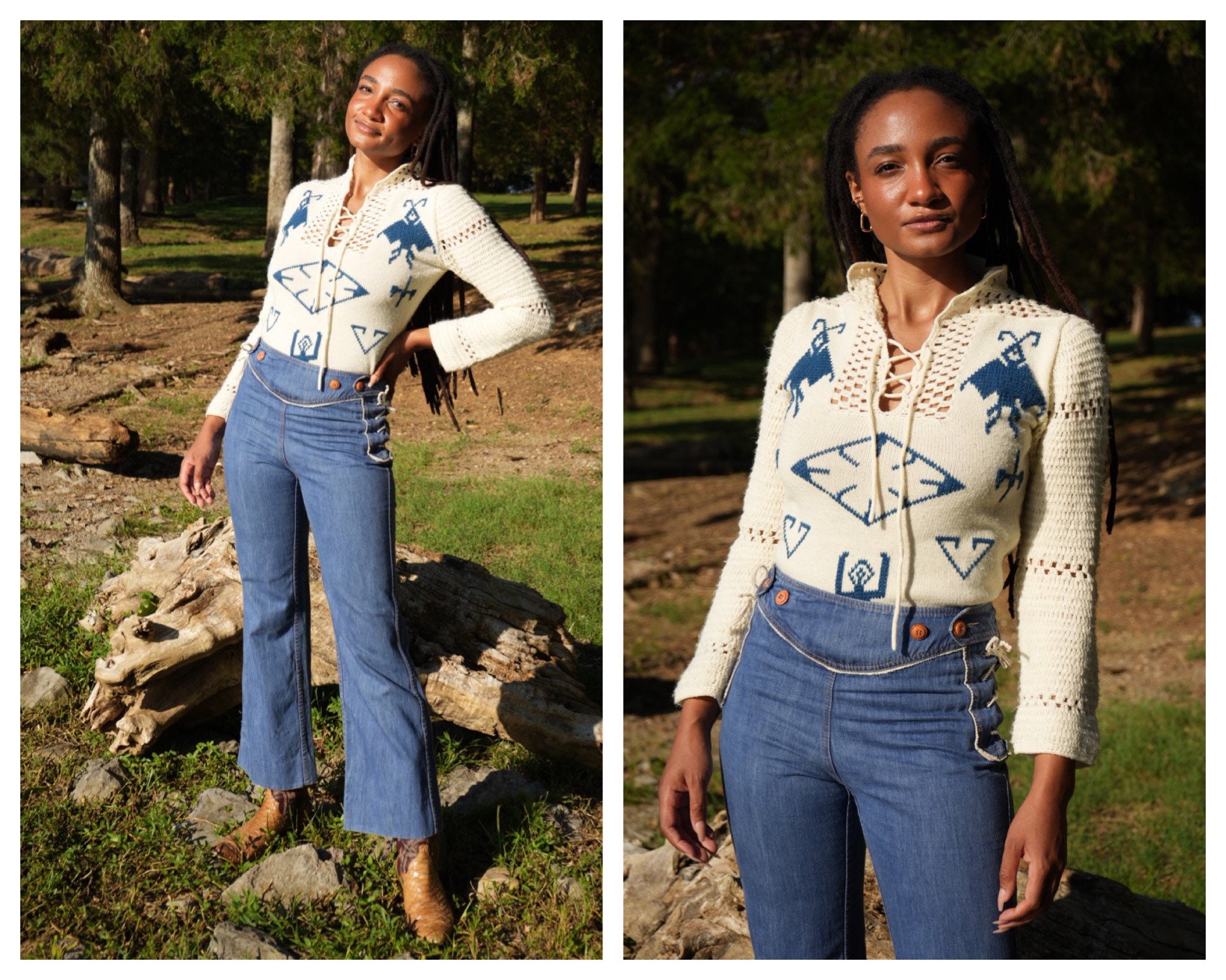 1970's Bell Bottom Jeans / Haute Hippie Denim / Lace up Sides Bell