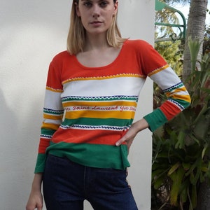 1970's Yves Saint Laurent Long Sleeve Top / Vintage 70's Stripe Jersey Pullover / Orange Green White Yellow Lightweight Shirt / Scoop Neck image 3