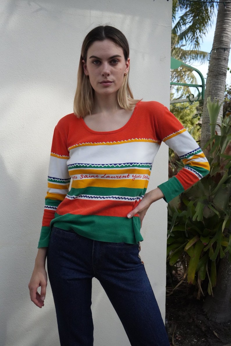 1970's Yves Saint Laurent Long Sleeve Top / Vintage 70's Stripe Jersey Pullover / Orange Green White Yellow Lightweight Shirt / Scoop Neck image 3