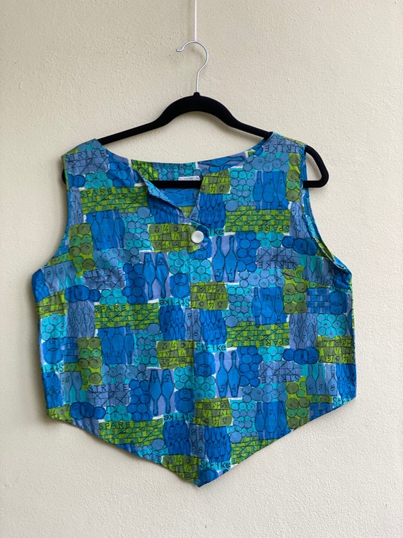 1960's Novelty Bowling Blouse / Blue Charmode Cott