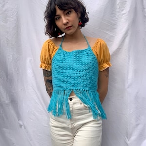 y2k Knit Halter Top / Aqua Blue Cotton Crochet Crop Top / Open Back Summer Top image 1