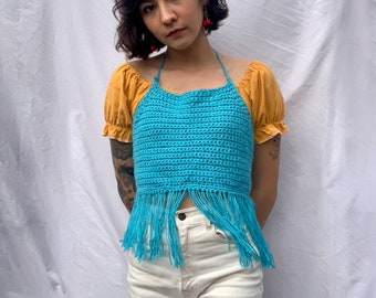 y2k Knit Halter Top / Aqua Blue Cotton Crochet Crop Top / Open Back Summer Top