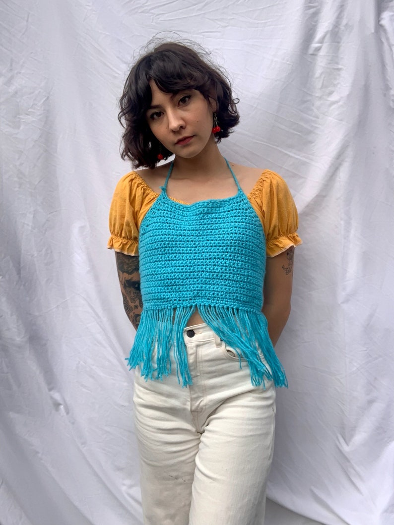 y2k Knit Halter Top / Aqua Blue Cotton Crochet Crop Top / Open Back Summer Top image 1