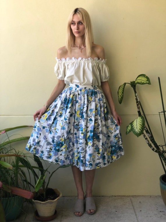 50's Skirt / Cotton Midi Skirt /  Watercolor Flor… - image 8