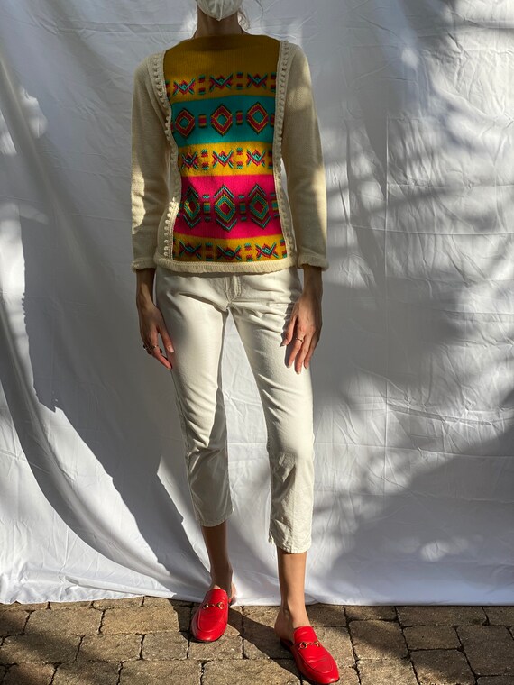 60's Sweater / Cream Wool Hot Pink Aqua Brown Pea… - image 7