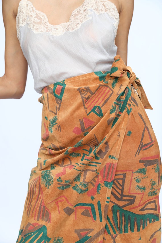 Leather Printed Skirt / Suede Wrap Skirt / Sevent… - image 8