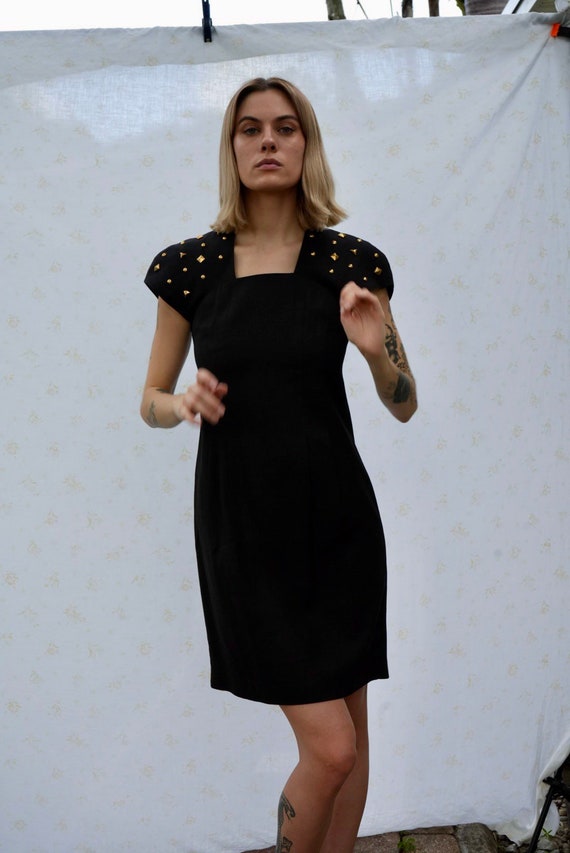 1980s Studded Party Dress / Linen Body Con Dress / Little Black Dress / Gold Studs Nineties Eighties Dress 1980s Studded Party Dress / Linen Body Con Dress / Little Black Dress / Gold Studs Nineties Eighties Dress