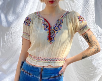 1940's Hungarian Embroidered Peasant Blouse with Colorful Threading / Semi Sheer