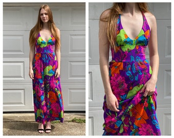 1970's Halter Dress / Swimsuit Resort Gown / Festival Maxi Gown / Sexy Seventies Haute Hippie Boho Dress / Coachella