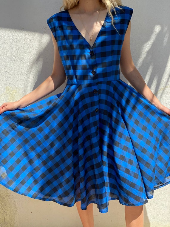 1980 s Check Dress Cobalt Blue and Black Cotton Daywear 80 s Does 50 s Shirt Dress Full Skirt Nipped Waist Fit N Flare Etsy