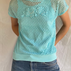 80's Mesh Shirt / Netted Sheer shirt / Mesh Summer Top / See Through Floral Shirt / Beach Cover Up / Aqua Blue Layer Shirt image 1