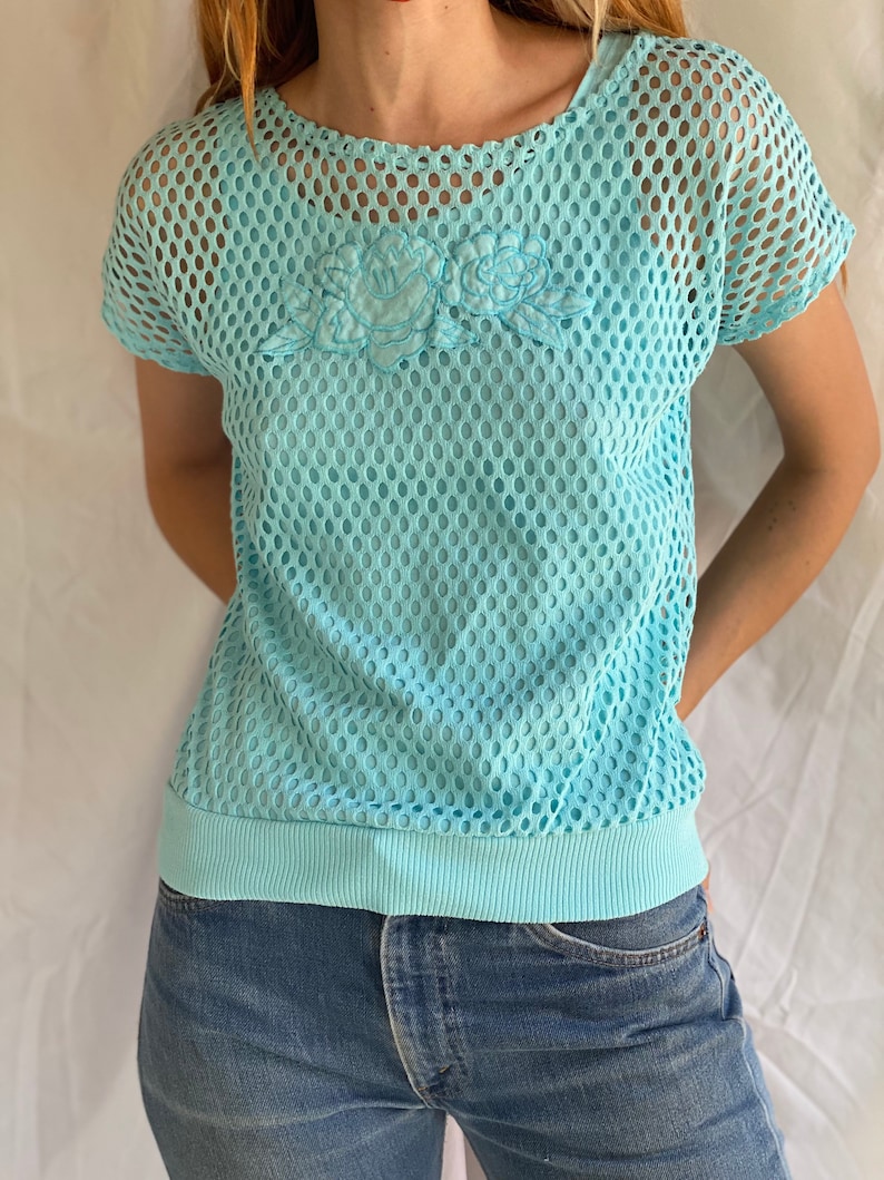80's Mesh Shirt / Netted Sheer shirt / Mesh Summer Top / See Through Floral Shirt / Beach Cover Up / Aqua Blue Layer Shirt image 1