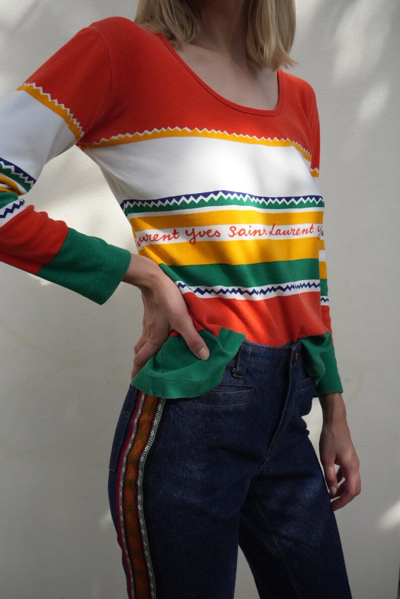 1970's Yves Saint Laurent Long Sleeve Top / Vintage 70's Stripe Jersey Pullover / Orange Green White Yellow Lightweight Shirt / Scoop Neck image 7