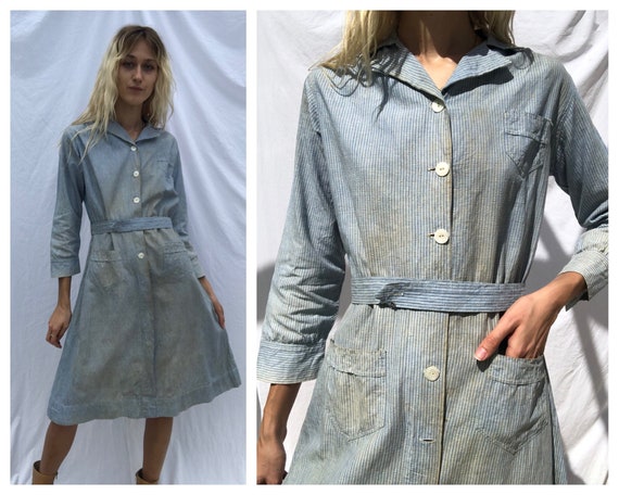 1940's Chore Dress / Printed Cotton Dress with poc