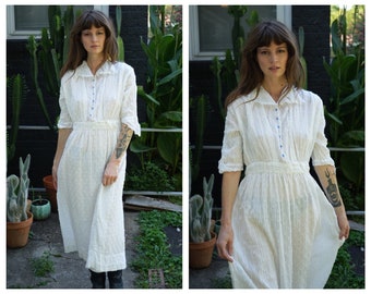 Edwardian Tea Dress / Vintage 1910's Sheer Garden Party Dress / Summer Wedding Dress with Blue Glass Buttons