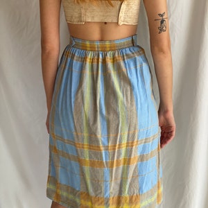 Vintage Cotton Midi Skirt / Plaid Summer Midi Skirt / Blue Orange Beige Yellow Cotton Skirt / 1970's Vintage Skirt image 5