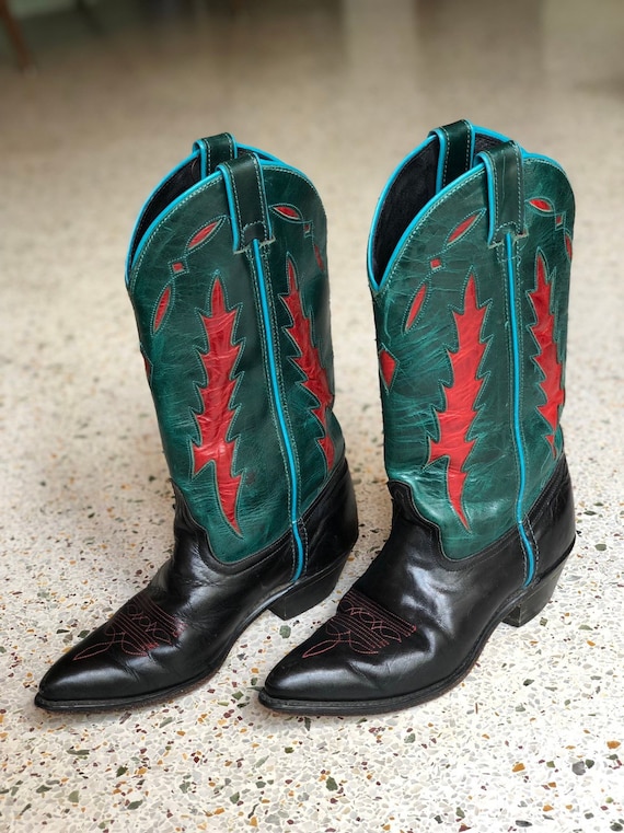 5 M / 1980's Cowboy Boots / Blue Black Red Teal Le
