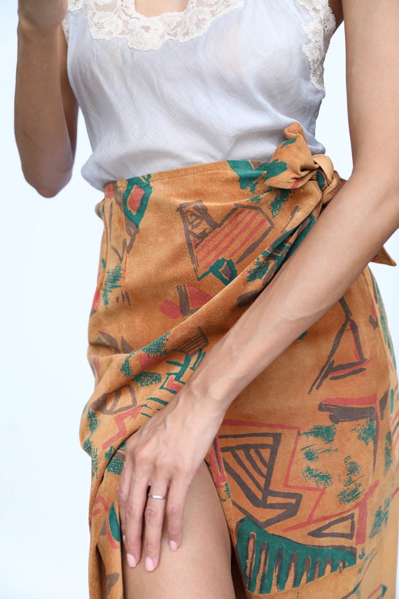 Leather Printed Skirt / Suede Wrap Skirt / Sevent… - image 6