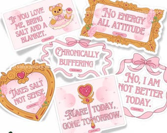 6-delig roze anime stickerpakket chronische ziekte – Kawaii Brain Fog Fatigue Spoonie Stickers voor POTTEN CVS onzichtbare ziekte - Geestelijke gezondheid cadeau