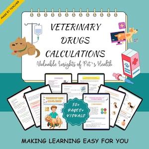 Könnte beinhalten: Eine türkisfarbene Lehrgrafik mit dem Text "VETERINARY DRUGS CALCULATIONS" und "Valuable Insights of Pet's Health". Das Bild enthält Illustrationen von Hunden, medizinischen Geräten und digitalen Tablets mit Bildungsinhalten. Die Grafik besagt auch "50+ SEITEN + VISUALS."