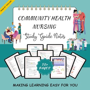 Puede incluir: Una guía de estudio digital para Enfermería de Salud Comunitaria, con el texto "Community Health Nursing Study Guide Notes" y "50+ Pages". La imagen incluye ilustraciones de profesionales de la salud y pacientes, con el lema "Making Learning Easy For You".