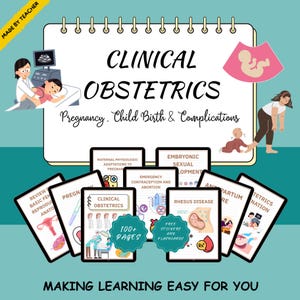 Puede incluir: Un recurso educativo ilustrado titulado "Clinical Obstetrics" con el subtítulo "Embarazo, Parto y Complicaciones". La imagen incluye ilustraciones de procedimientos médicos y ayudas para el aprendizaje.