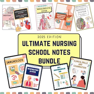 May include: A collection of nursing school notes for 2025, covering anatomy, physiology, and pathology. The notes include topics on the cardiovascular, musculoskeletal, digestive, nervous, respiratory, and immune systems, plus clinical skills.
