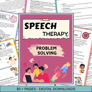 Puede incluir: Una descarga digital titulada "Speech Therapy Problem Solving" con un fondo rosa. La imagen presenta ilustraciones de personas trabajando juntas, piezas de rompecabezas y texto. La descarga incluye más de 60 páginas.