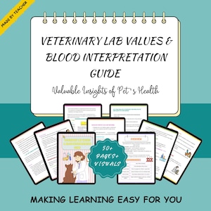 Könnte beinhalten: Eine türkisfarbene Grafik mit dem Titel "VETERINARY LAB VALUES & BLOOD INTERPRETATION GUIDE". Das Bild zeigt ein Notizbuch, mehrere digitale Tablets und den Text "Valuable Insights of Pet's Health". Die Grafik enthält auch "50+ PAGES + VISUALS" und "MAKING LEARNING EASY FOR YOU."