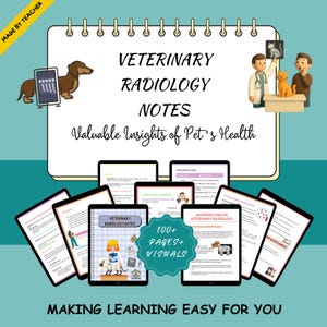 Puede incluir: Una ilustración que promociona notas de radiología veterinaria. La imagen presenta un bloc de notas con el título "VETERINARY RADIOLOGY NOTES" y el texto "Valuable Insights of Pet's Health". Varias tabletas muestran páginas con diagramas y texto. También es visible la frase "100+ PAGES + VISUALS".