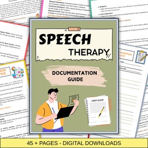 Puede incluir: Una descarga digital titulada "Guía de documentación de terapia del habla" con una ilustración de dibujos animados de una persona sosteniendo documentos. La guía incluye una guía del usuario y el texto "45+ páginas - Descargas digitales."