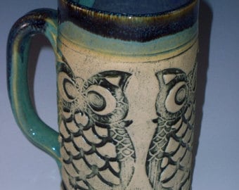 Mug, Handmade Mug,Owl Mug, Owl Coffee cup, Owl Tea Mug,Whimsical 70's Owl Mug, Unique Owl, White stoneware Clay
