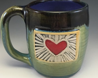 Mug, Heart Mug, Unique Love Mug, Green Mug, Valentines Mug, Red Heart Mug, Wheel-thrown Heart Mug,Valentine, Coffee Mug
