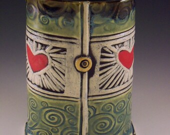Heart Vase, Button Heart Vase, Red Heart Vase, Valentines Day Vase, Green Heart Vase, Stoneware Flower Vase, Flower Vase.