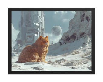 Orange Cat on Alien Planet - Futuristic Landscape with Space Station and Moon - Fantasy Animal Wall Art - High Quality Print - Framed Poster