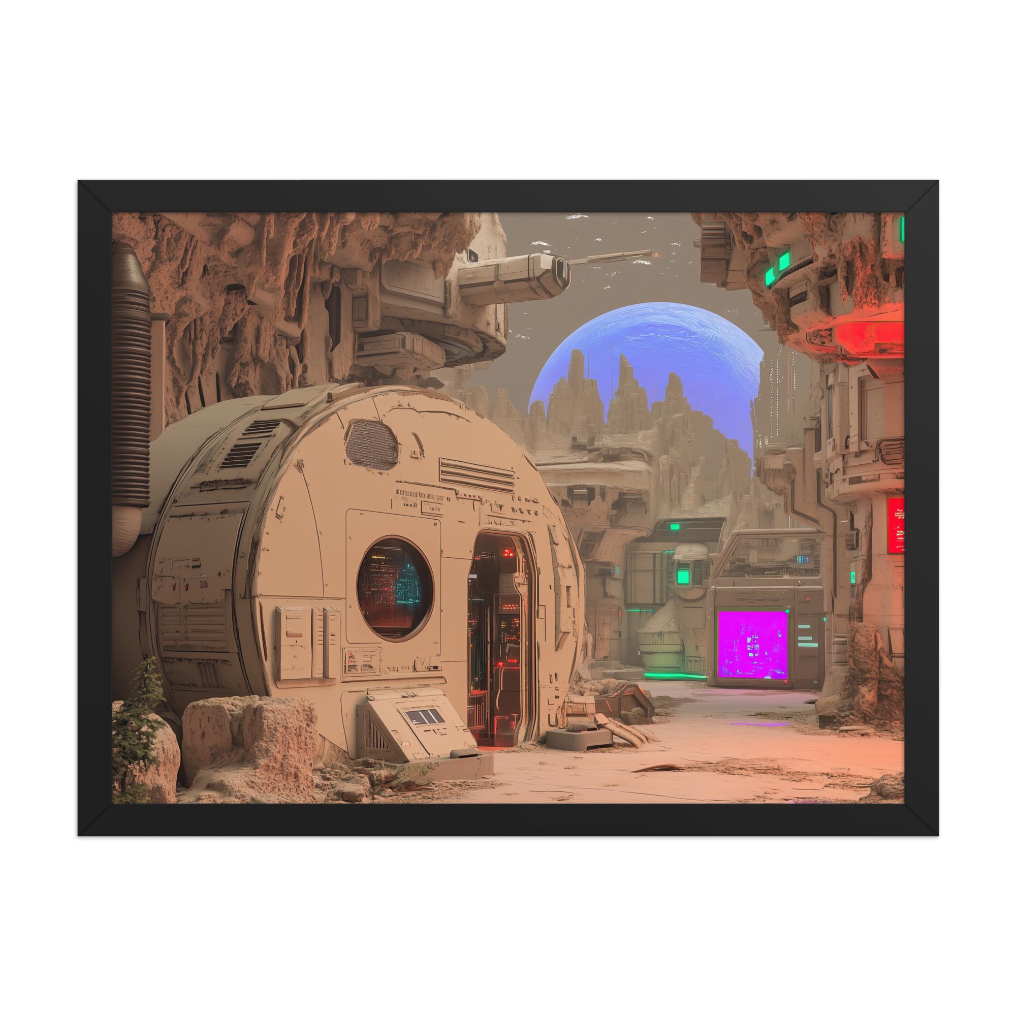 Space Base – Dreamy Astropunk Sci-fi Wall Art – Futuristic Chillwave Colony with Neon Lights on Alien World – Cosmic Fantasy Framed Poster