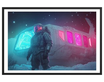 Galactic Adventurer – Dreamy Sci-fi Wall Art – Futuristic Astronaut Beside Neon Starship Under Starry Cosmic Sky – Celestial Framed Poster
