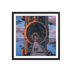 Future Friends – Sci-fi Gateway Architecture Wall Art – Dreamlike Futuristic Journey Scene – Matte Paper Print – High Quality Framed Poster