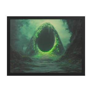 Exploring the Unknown – Dreamy Sci-fi Wall Art – Mysterious Glowing Green Gateway in Enchanted Forest – Surreal Cosmic Fantasy Framed Poster
