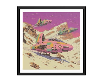 Pastel Star Explorers – Retro Sci-fi Spaceship Wall Art – Vivid Pink Sky & Snowy Alien Mountains – Matte Print – High Quality Framed Poster