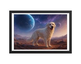 Regal English Cream Retriever on Alien Beautiful Planet - Sci-fi Art - High Quality Print - Framed Matte Paper Poster