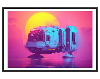 Reflective Arrival – Dreamy Sci-fi Wall Art – Futuristic Spaceship on Shimmering Surface of Neon Alien World – Cosmic Fantasy Framed Poster
