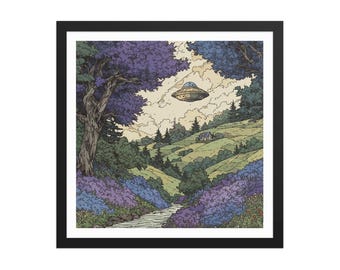 The Visitor in the Valley – Dreamy Alien Wall Art – Vintage UFO Countryside Cottage Encounter – Cosmic Fantasy Retro Sci-fi – Framed Poster