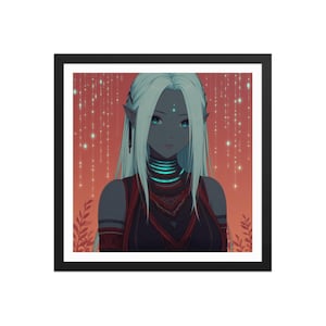 Peut inclure: Impression d'art encadrée représentant un elfe de style anime avec une peau pâle, de longs cheveux blancs et des yeux bleus. L'elfe porte une tenue sombre avec des accents rouges et un collier bleu brillant. Le fond est un dégradé orange et rouge avec des lumières scintillantes.