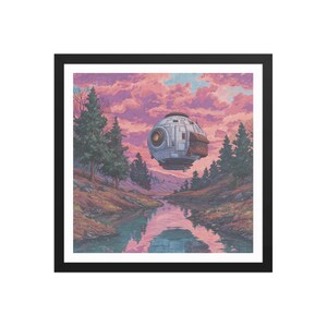 May include: Framed art print featuring a surreal landscape with a hovering, spherical spacecraft. The artwork showcases a river, trees, and a vibrant pink and purple sky. The spacecraft has a large, circular lens and a brown, wooden-like structure.