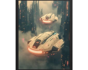 Sweet Spaceships – Dreamy Sci-fi Wall Art – Futuristic Hovercrafts Flying Through Misty Cyberpunk Megacity – Cosmic Fantasy Framed Poster