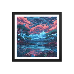 May include: Framed art print featuring a vibrant landscape with a lake, trees, and a colorful sky. The artwork showcases pink and blue clouds, a blue arch, and lush greenery, all within a black frame. The overall theme is a dreamy, surreal landscape.
